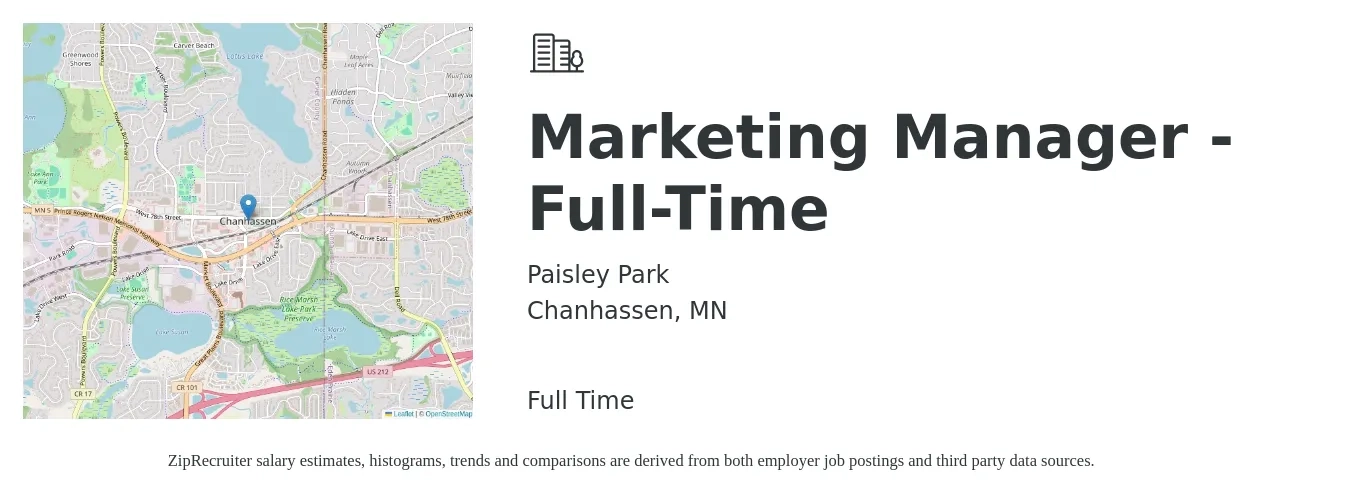 Paisley Park job posting for a Marketing Manager - Full-Time in Chanhassen, MN with a salary of $61,000 to $99,700 Yearly with a map of Chanhassen location.