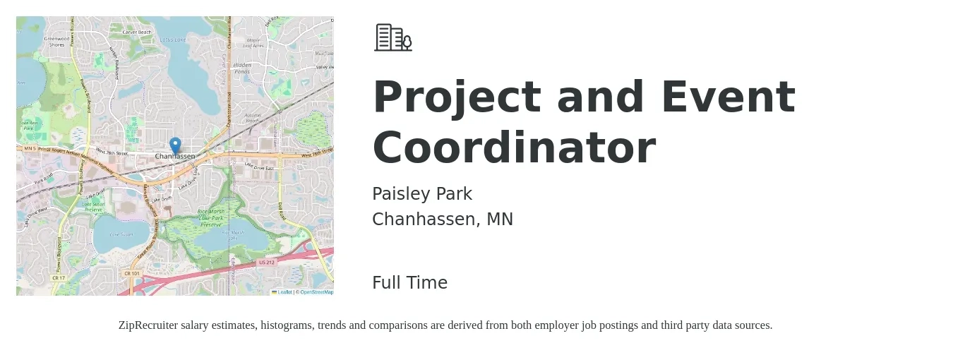 Paisley Park job posting for a Project and Event Coordinator in Chanhassen, MN with a salary of $20 to $29 Hourly with a map of Chanhassen location.