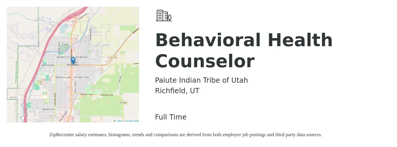 Paiute Indian Tribe of Utah job posting for a Behavioral Health Counselor in Richfield, UT with a salary of $40,200 to $56,800 Yearly with a map of Richfield location.