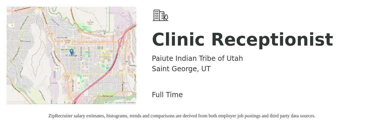 Paiute Indian Tribe of Utah job posting for a Clinic Receptionist in Saint George, UT with a salary of $14 to $17 Hourly with a map of Saint George location.