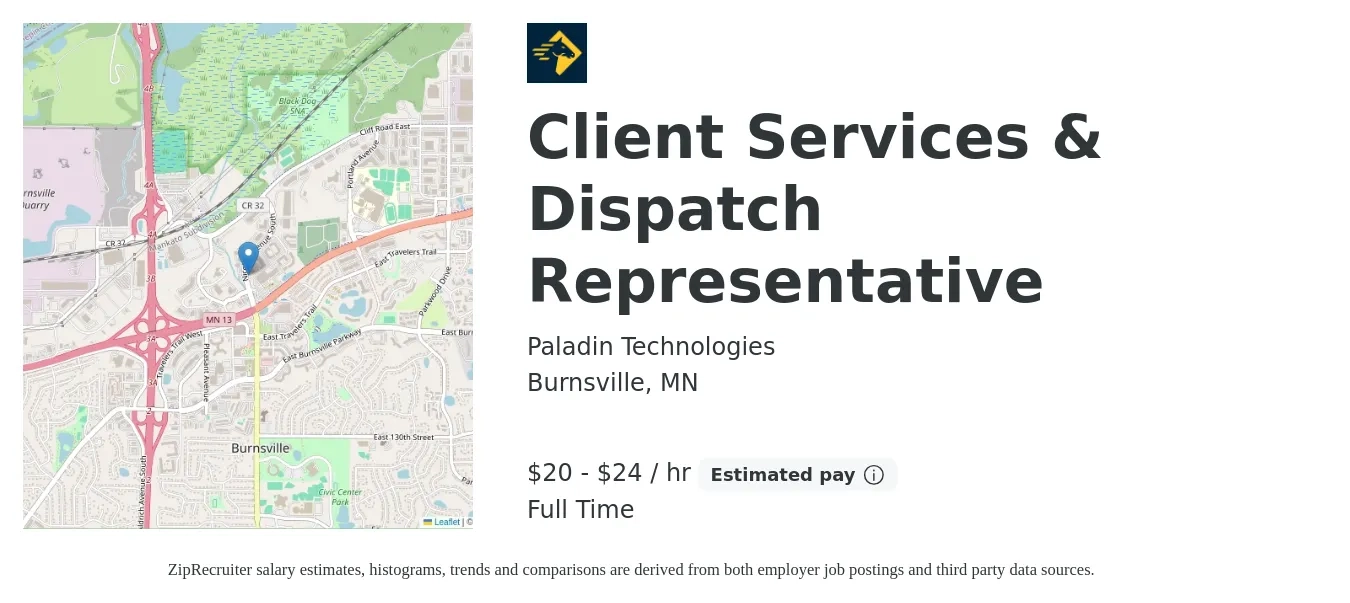 Paladin Technologies job posting for a Client Services & Dispatch Representative in Burnsville, MN with a salary of $21 to $25 Hourly with a map of Burnsville location.