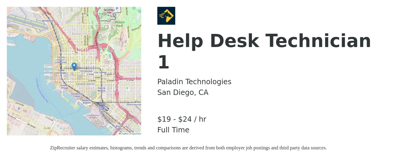 Paladin Technologies job posting for a Help Desk Technician 1 in San Diego, CA with a salary of $20 to $25 Hourly with a map of San Diego location.
