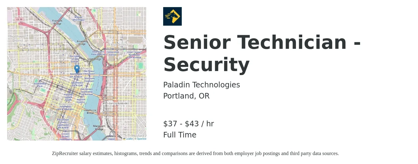 Paladin Technologies job posting for a Senior Technician - Security in Portland, OR with a salary of $39 to $45 Hourly with a map of Portland location.