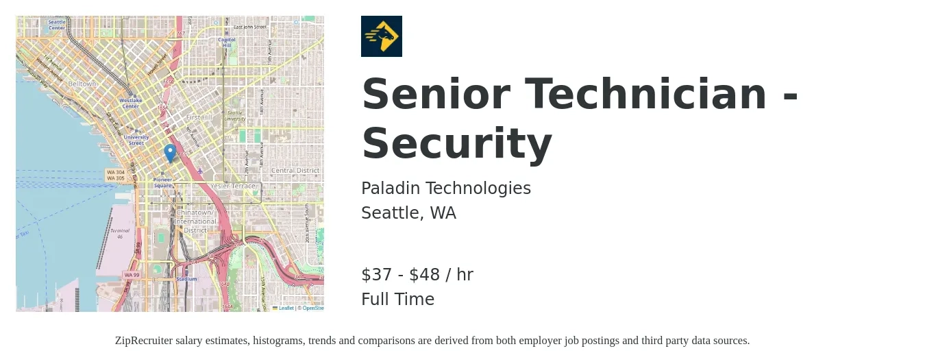Paladin Technologies job posting for a Senior Technician - Security in Seattle, WA with a salary of $39 to $50 Hourly with a map of Seattle location.