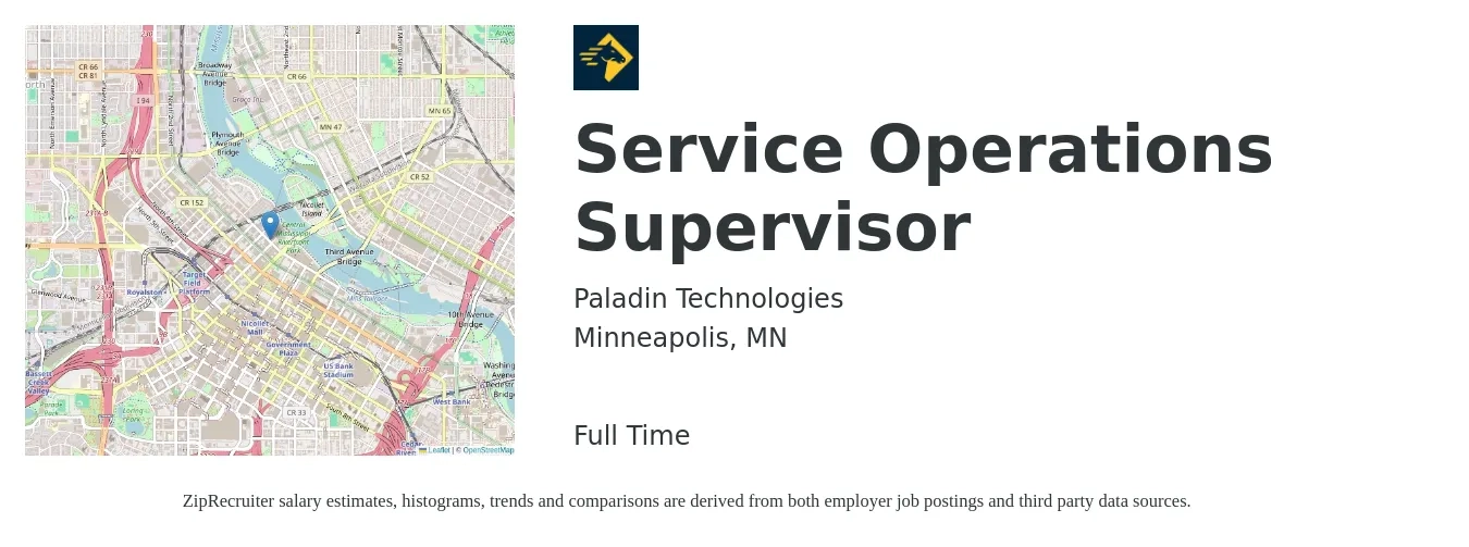 Paladin Technologies job posting for a Service Operations Supervisor in Minneapolis, MN with a salary of $75,000 to $90,000 Yearly with a map of Minneapolis location.