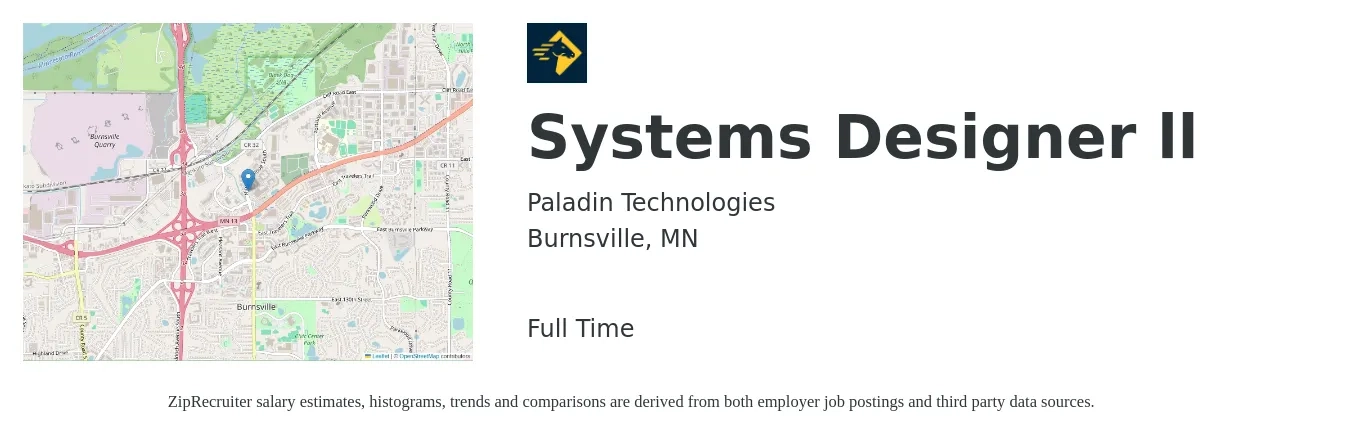 Paladin Technologies job posting for a Systems Designer ll in Burnsville, MN with a salary of $50 to $57 Hourly with a map of Burnsville location.