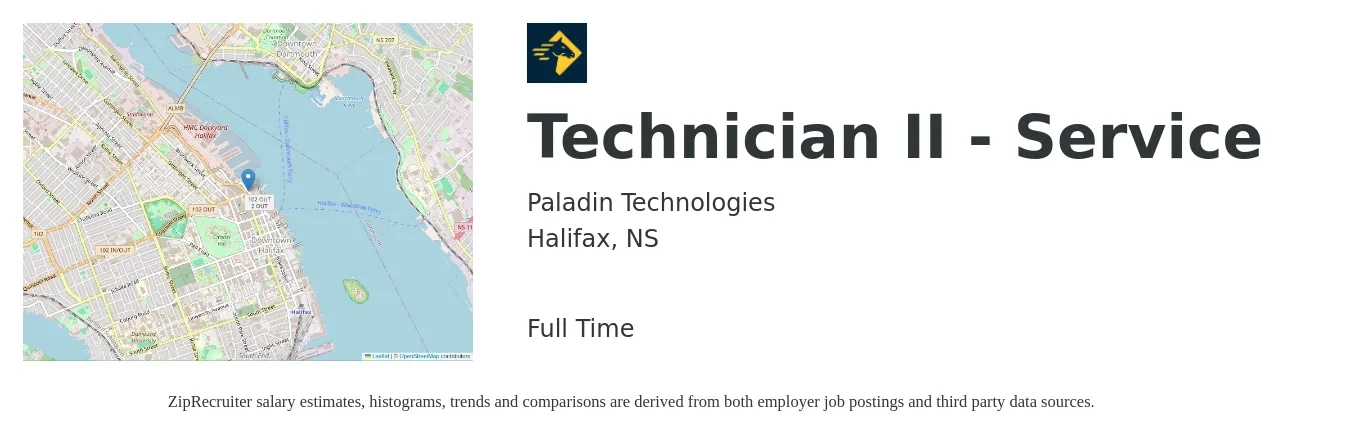 Paladin Technologies job posting for a Technician II - Service in Halifax, NS with a map of Halifax location.