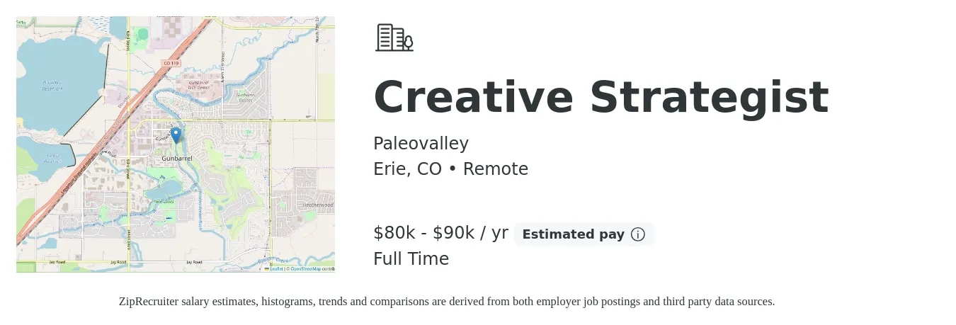 Paleovalley job posting for a Creative Strategist in Erie, CO with a salary of $80,000 to $90,000 Yearly with a map of Erie location.