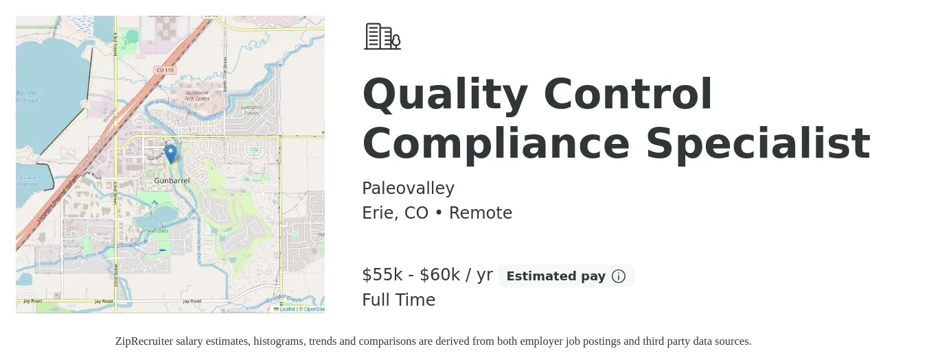 Paleovalley job posting for a Quality Control Compliance Specialist in Erie, CO with a salary of $55,000 to $60,000 Yearly with a map of Erie location.