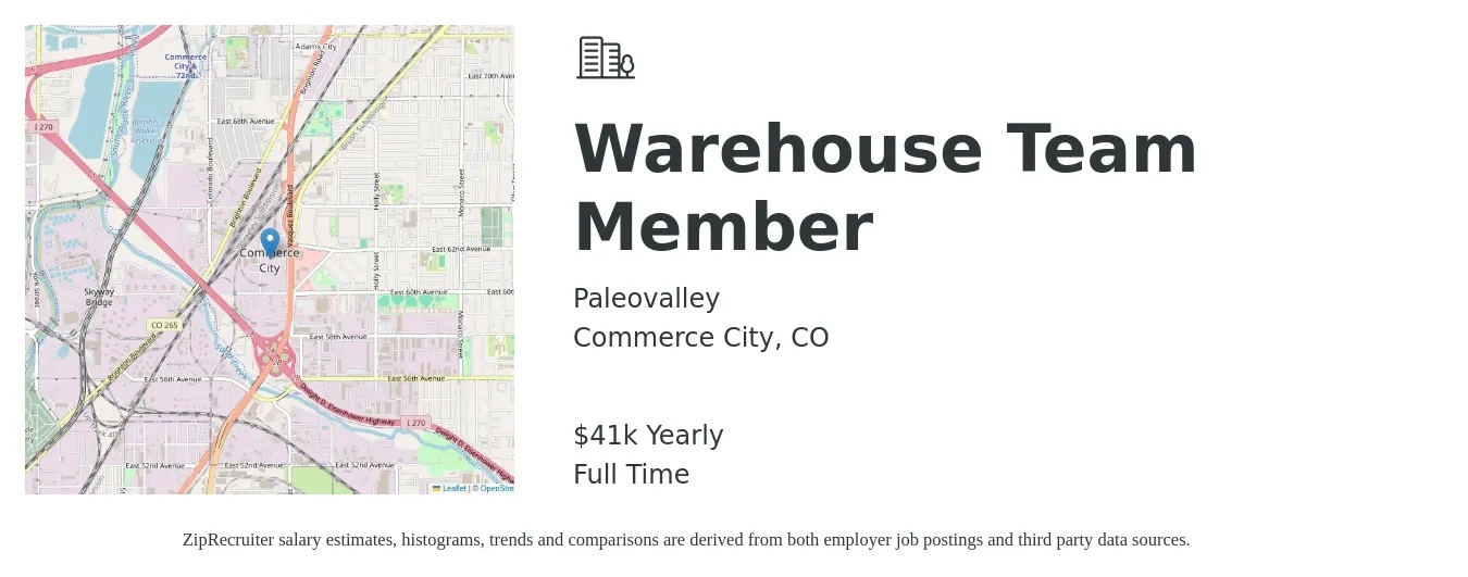 Paleovalley job posting for a Warehouse Team Member in Commerce City, CO with a salary of $20 Hourly with a map of Commerce City location.