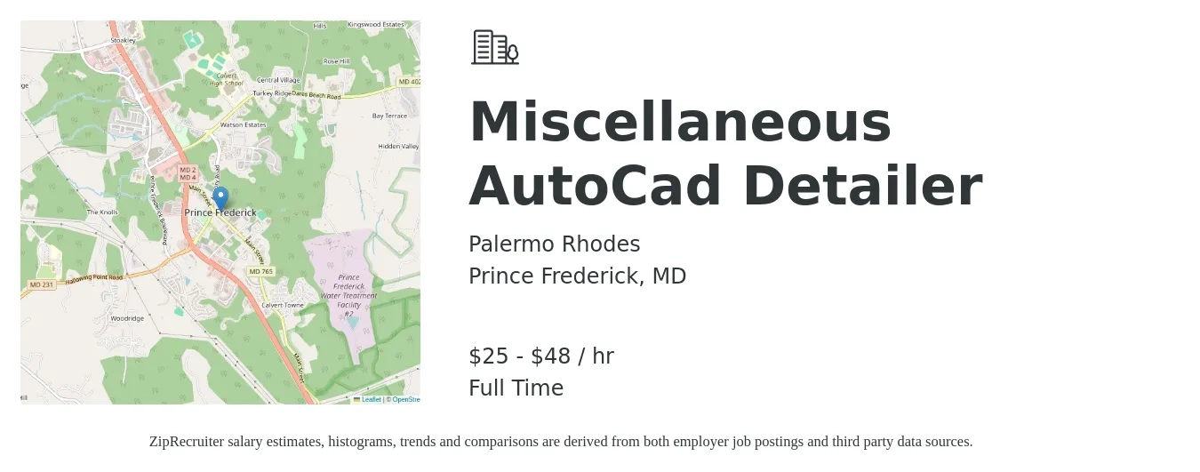Palermo Rhodes job posting for a Miscellaneous AutoCad Detailer in Prince Frederick, MD with a salary of $26 to $50 Hourly with a map of Prince Frederick location.