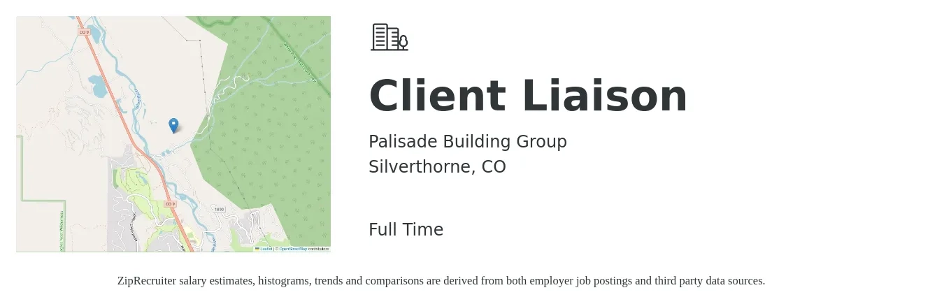 Palisade Building Group job posting for a Client Liaison in Silverthorne, CO with a salary of $18 to $29 Hourly with a map of Silverthorne location.