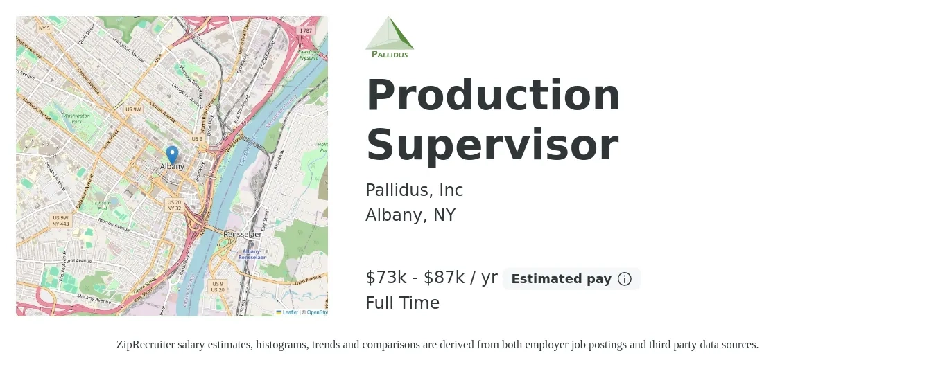 Pallidus, Inc job posting for a Production Supervisor in Albany, NY with a salary of $73,500 to $87,500 Yearly with a map of Albany location.