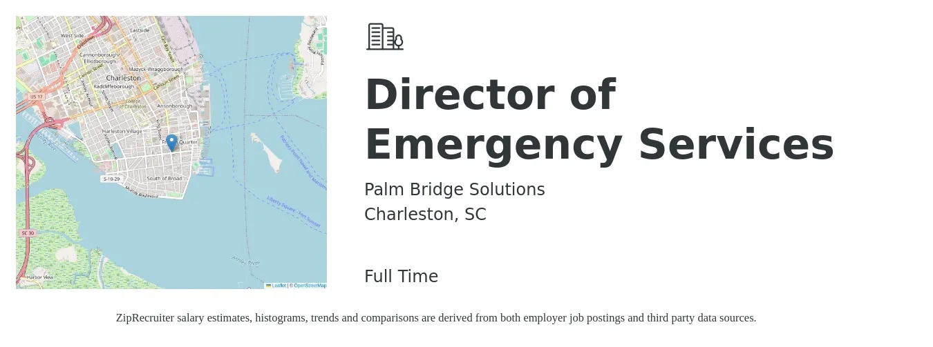 Palm Bridge Solutions job posting for a Director of Emergency Services in Charleston, SC with a salary of $80,300 to $129,200 Yearly with a map of Charleston location.