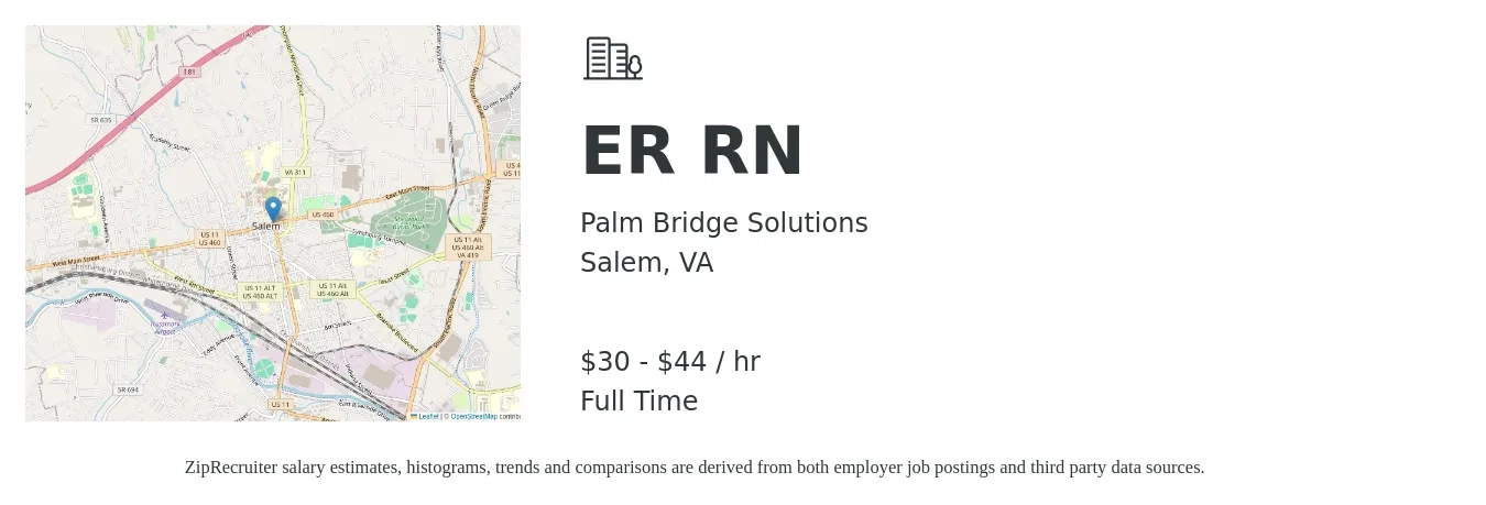 Palm Bridge Solutions job posting for a ER RN in Salem, VA with a salary of $32 to $46 Hourly with a map of Salem location.