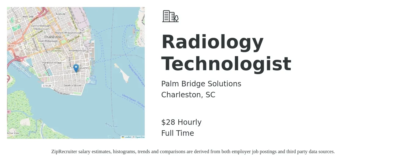 Palm Bridge Solutions job posting for a Radiology Technologist in Charleston, SC with a salary of $30 Hourly with a map of Charleston location.