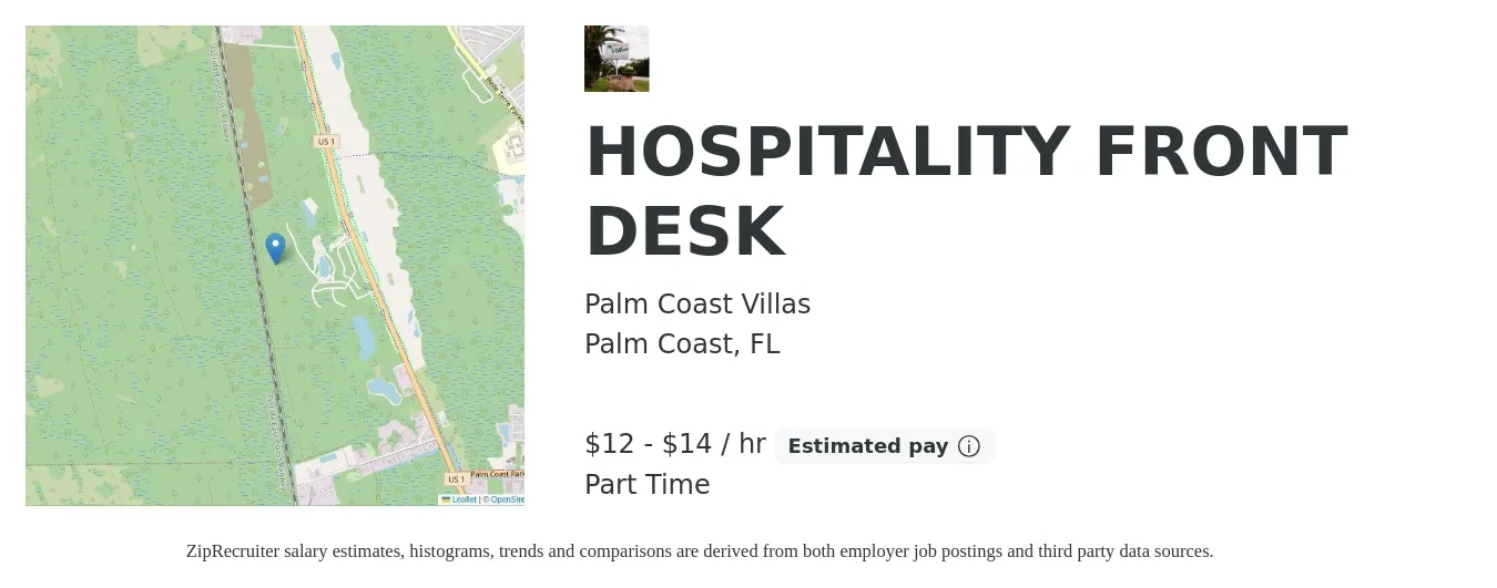 Palm Coast Villas job posting for a HOSPITALITY FRONT DESK in Palm Coast, FL with a salary of $13 to $15 Hourly with a map of Palm Coast location.