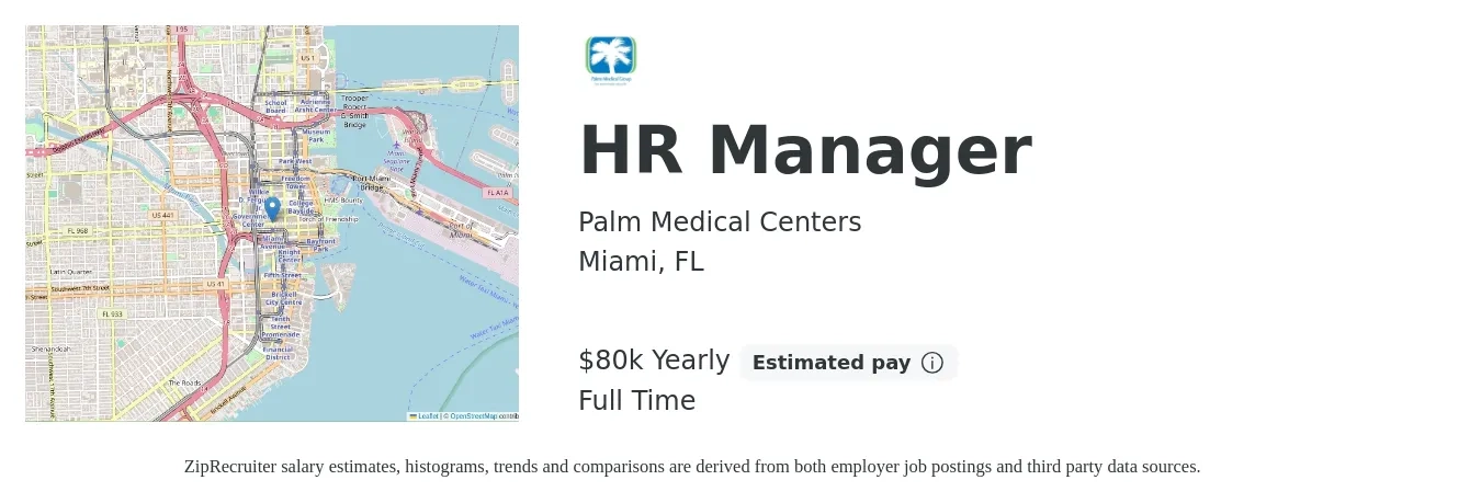 Palm Medical Centers job posting for a HR Manager in Miami, FL with a salary of $80,000 Yearly with a map of Miami location.