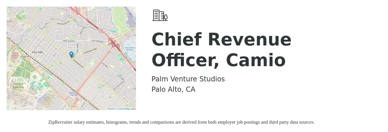 Palm Venture Studios job posting for a Chief Revenue Officer, Camio in Palo Alto, CA with a salary of $128,700 to $188,100 Yearly with a map of Palo Alto location.