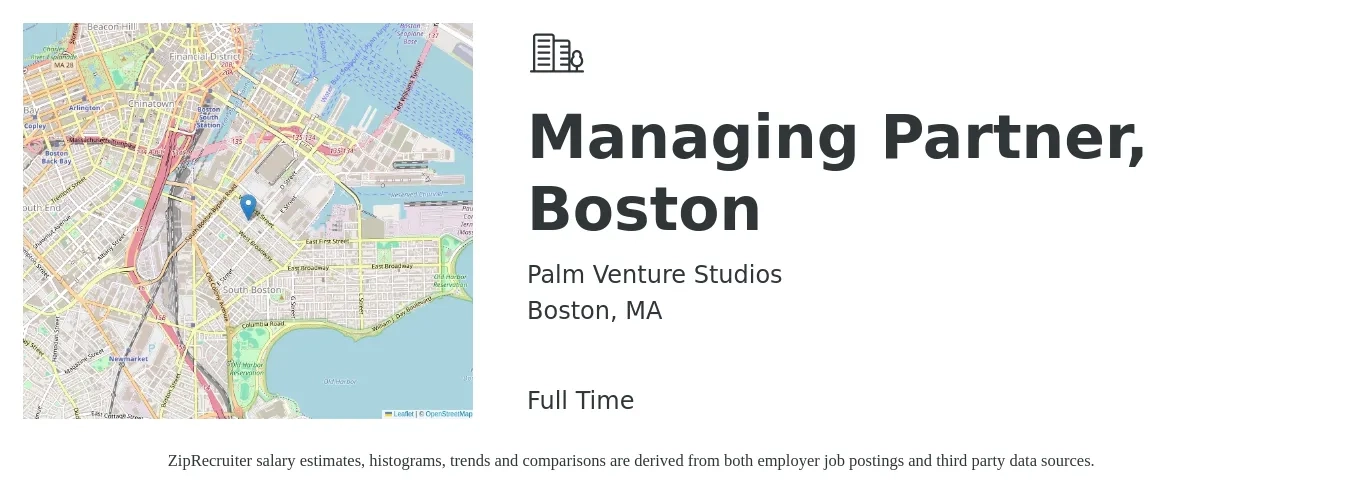 Palm Venture Studios job posting for a Managing Partner, Boston in Boston, MA with a salary of $300,000 Yearly with a map of Boston location.