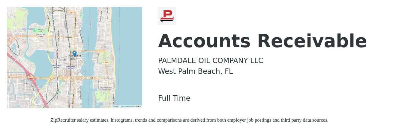 PALMDALE OIL COMPANY LLC job posting for a Accounts Receivable in West Palm Beach, FL with a salary of $20 to $26 Hourly with a map of West Palm Beach location.
