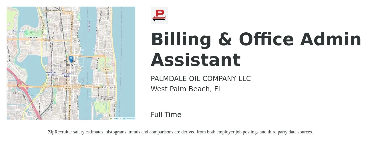 PALMDALE OIL COMPANY LLC job posting for a Billing & Office Admin Assistant in West Palm Beach, FL with a salary of $16 to $21 Hourly with a map of West Palm Beach location.