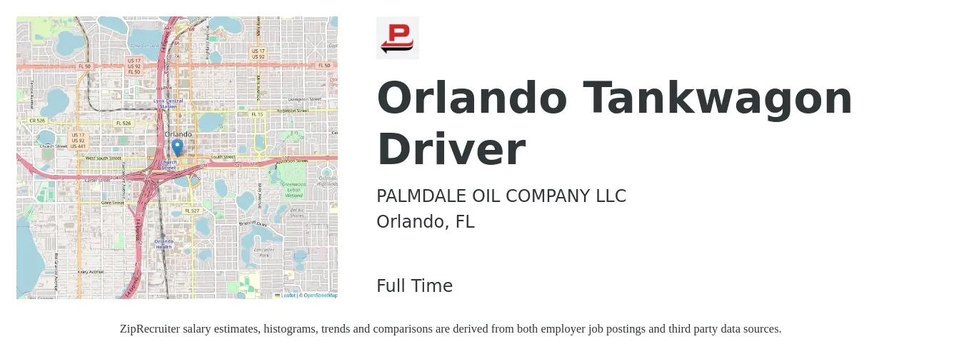 PALMDALE OIL COMPANY LLC job posting for a Orlando Tankwagon Driver in Orlando, FL with a salary of $23 to $39 Hourly with a map of Orlando location.
