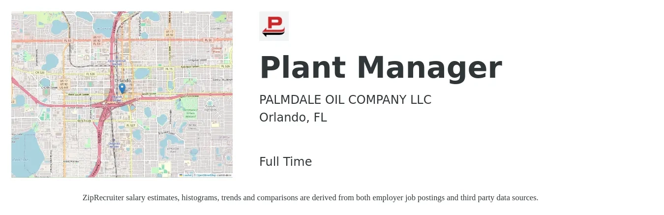 PALMDALE OIL COMPANY LLC job posting for a Plant Manager in Orlando, FL with a salary of $83,100 to $128,200 Yearly with a map of Orlando location.