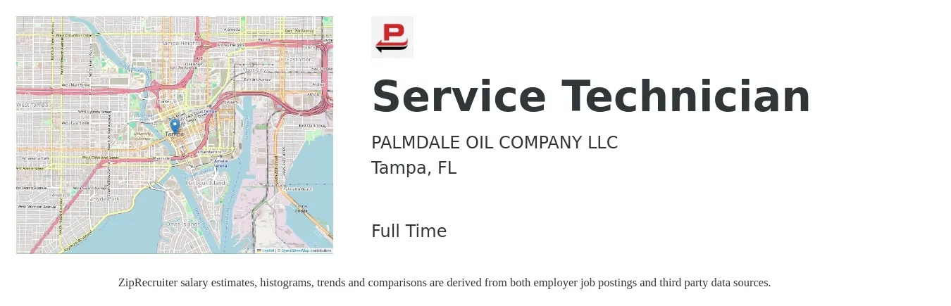 PALMDALE OIL COMPANY LLC job posting for a Service Technician in Tampa, FL with a salary of $18 to $25 Hourly with a map of Tampa location.