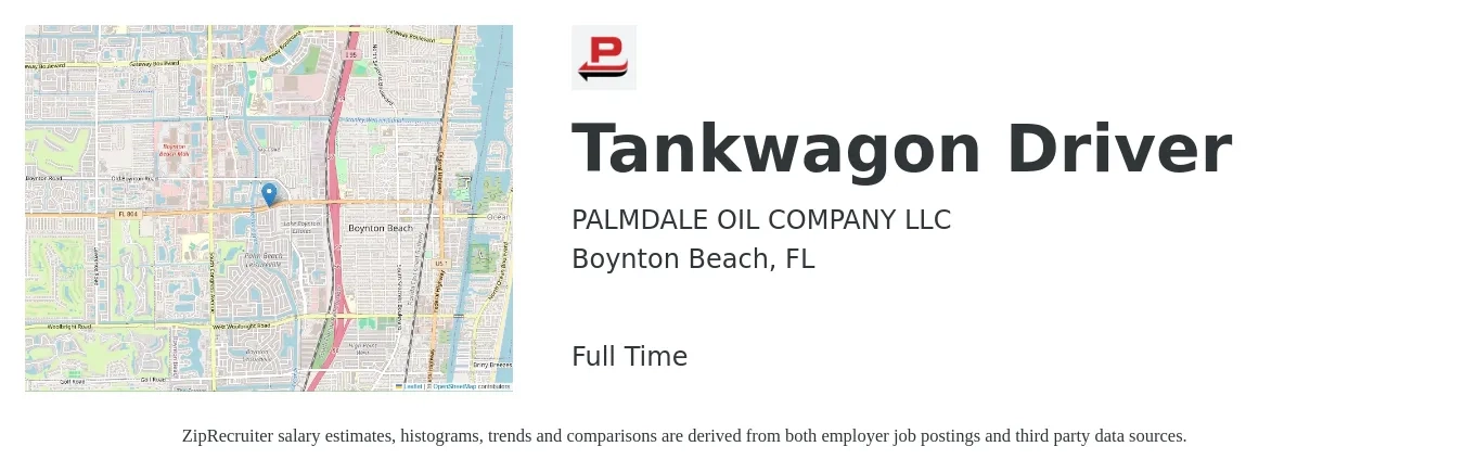 PALMDALE OIL COMPANY LLC job posting for a Tankwagon Driver in Boynton Beach, FL with a salary of $24 to $40 Hourly with a map of Boynton Beach location.