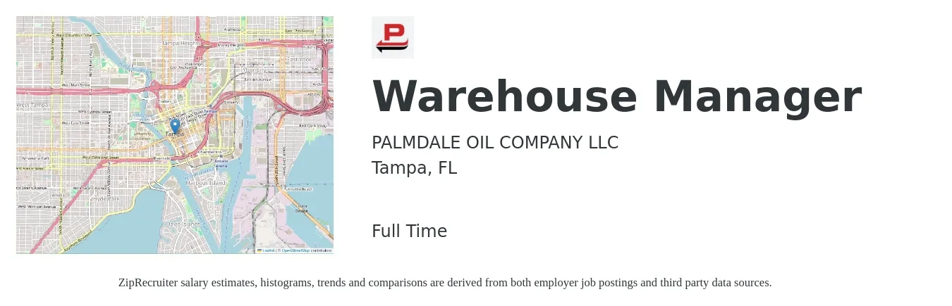 PALMDALE OIL COMPANY LLC job posting for a Warehouse Manager in Tampa, FL with a salary of $42,500 to $60,300 Yearly with a map of Tampa location.