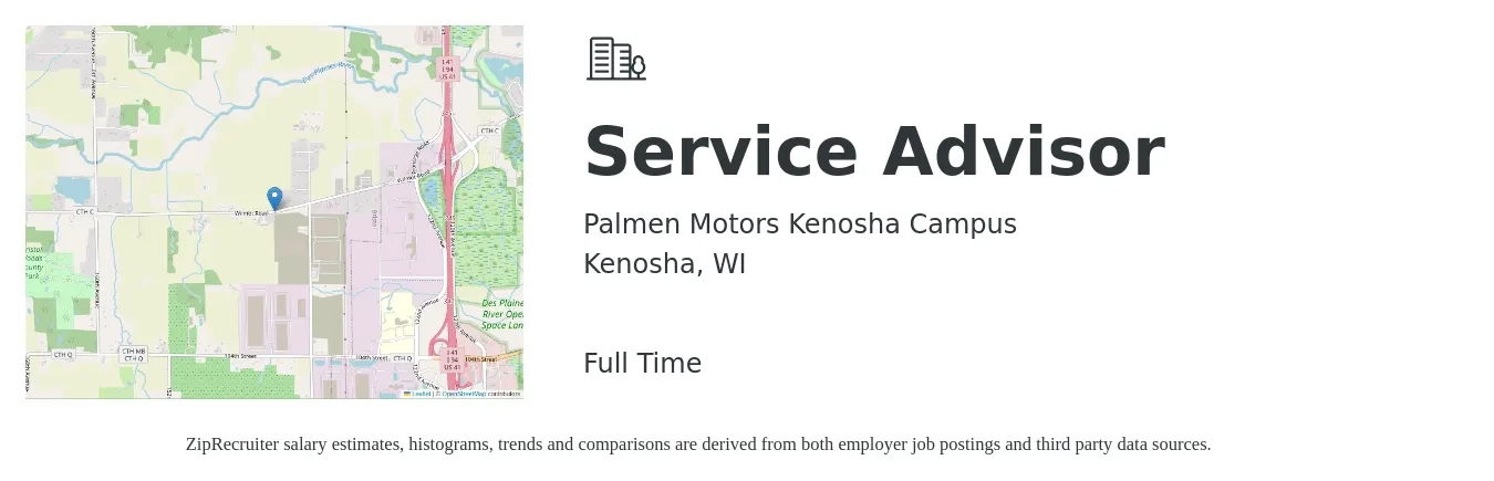 Palmen Motors Kenosha Campus job posting for a Service Advisor in Kenosha, WI with a salary of $19 to $30 Hourly with a map of Kenosha location.