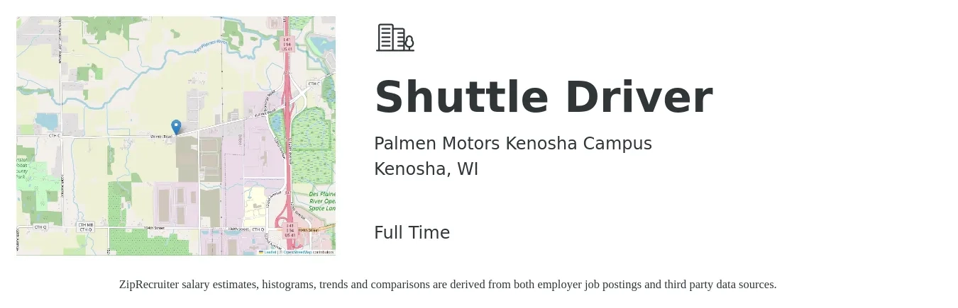 Palmen Motors Kenosha Campus job posting for a Shuttle Driver in Kenosha, WI with a salary of $15 to $20 Hourly with a map of Kenosha location.