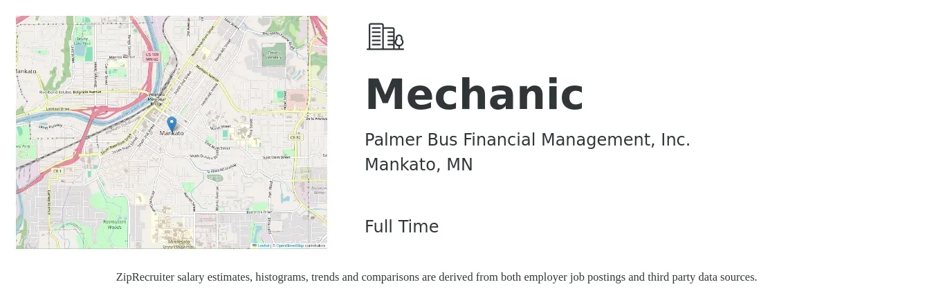 Palmer Bus Financial Management Inc job posting for a Mechanic in Mankato, MN with a salary of $26 to $39 Hourly with a map of Mankato location.