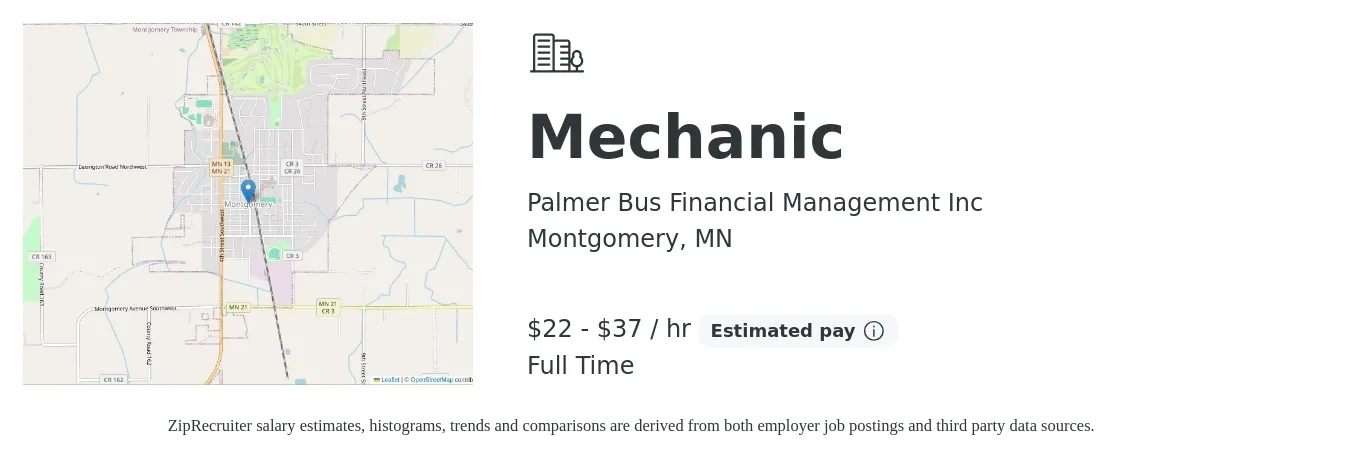 Palmer Bus Financial Management Inc job posting for a Mechanic in Montgomery, MN with a salary of $23 to $39 Hourly with a map of Montgomery location.