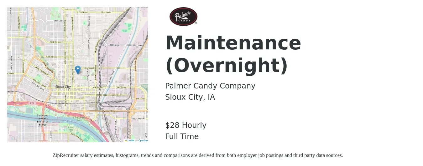 Palmer Candy Company job posting for a Maintenance (Overnight) in Sioux City, IA with a salary of $30 Hourly with a map of Sioux City location.