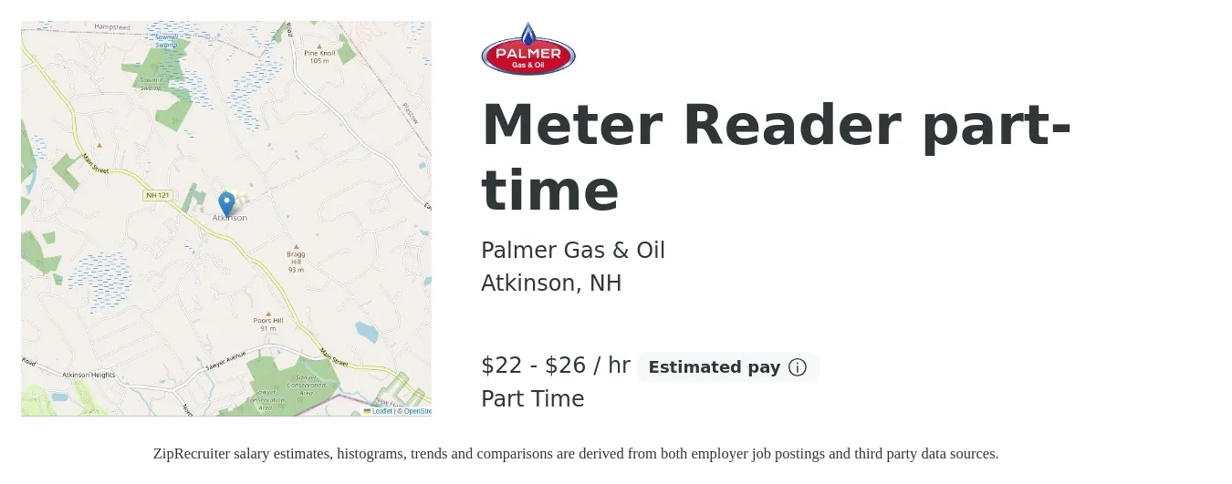 Palmer Gas & Oil job posting for a Meter Reader part-time in Atkinson, NH with a salary of $23 to $28 Hourly with a map of Atkinson location.
