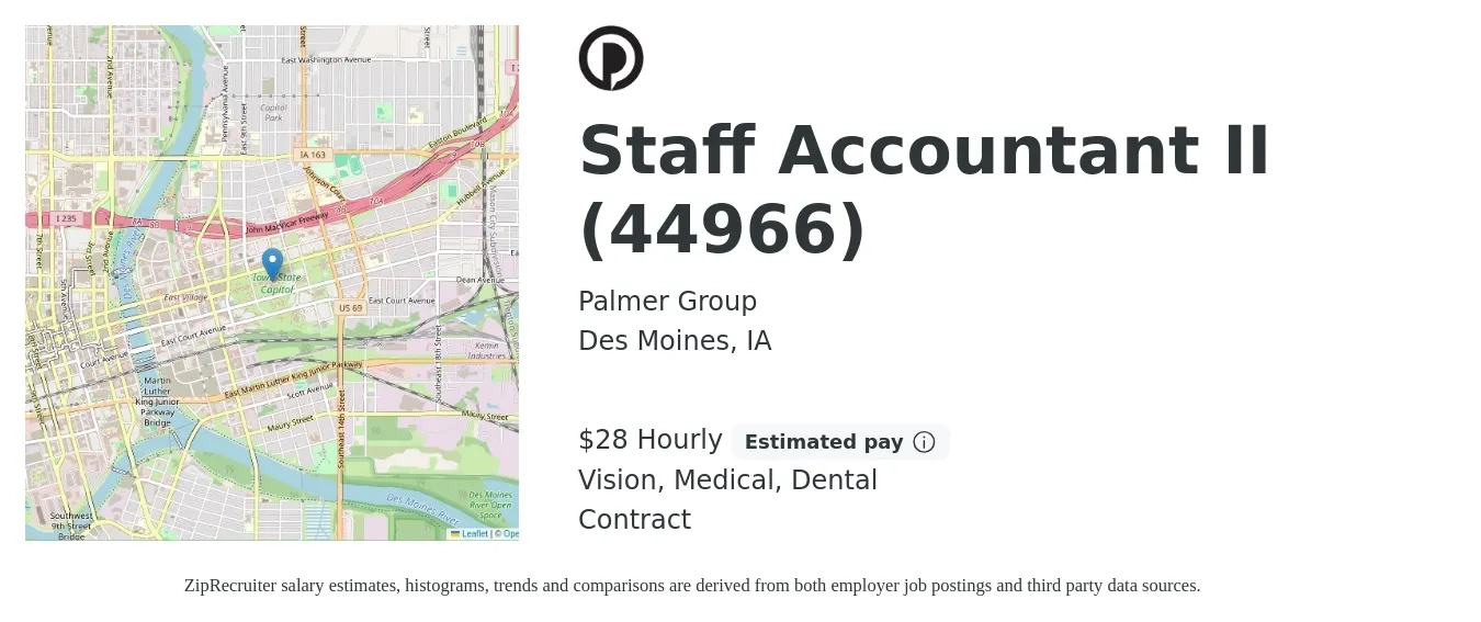 Palmer Group job posting for a Staff Accountant II (44966) in Des Moines, IA with a salary of $30 Hourly and benefits including dental, life_insurance, medical, retirement, and vision with a map of Des Moines location.