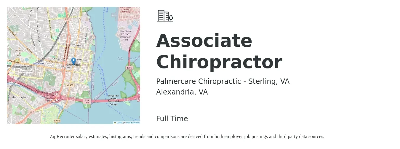 Palmercare Chiropractic - Sterling, VA job posting for a Associate Chiropractor in Alexandria, VA with a salary of $72,000 to $90,000 Yearly with a map of Alexandria location.