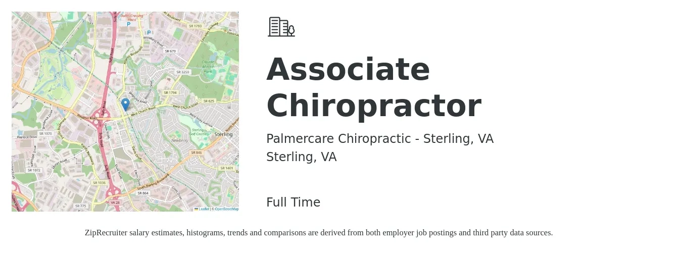 Palmercare Chiropractic - Sterling, VA job posting for a Associate Chiropractor in Sterling, VA with a salary of $72,000 to $90,000 Yearly with a map of Sterling location.