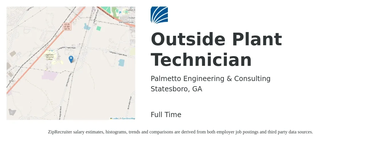 Palmetto Engineering & Consulting job posting for a Outside Plant Technician in Statesboro, GA with a salary of $18 to $28 Hourly with a map of Statesboro location.