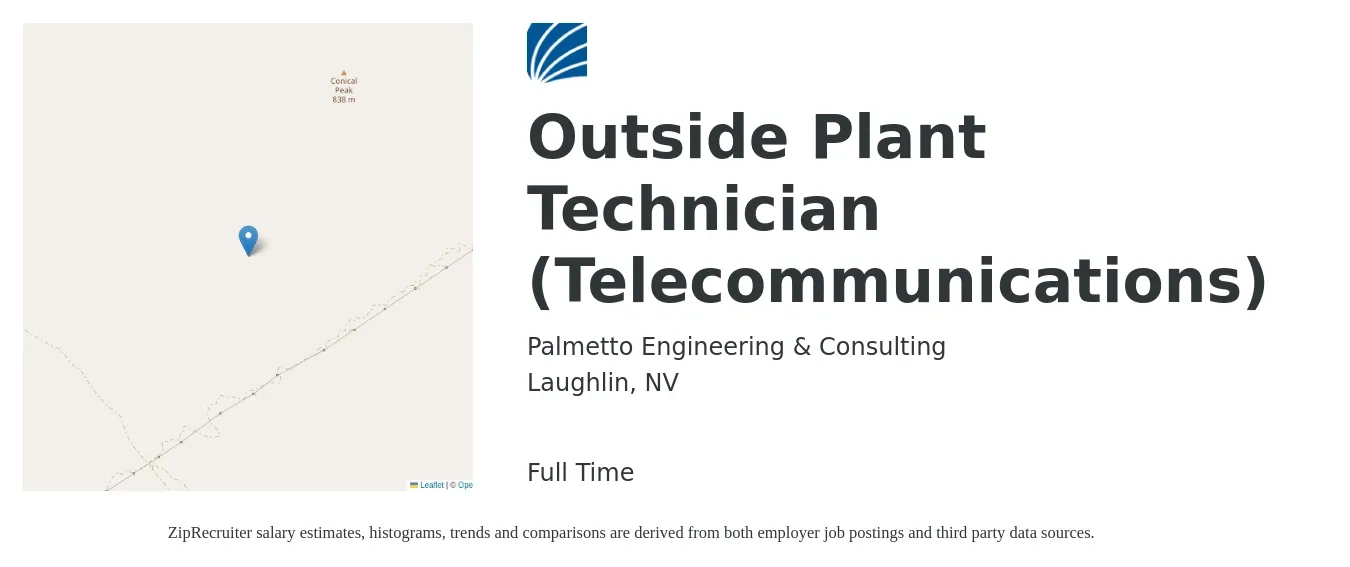 Palmetto Engineering & Consulting job posting for a Outside Plant Technician (Telecommunications) in Laughlin, NV with a salary of $19 to $30 Hourly with a map of Laughlin location.