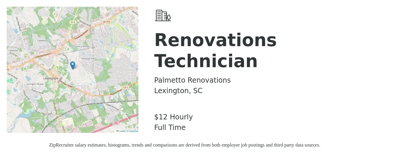 Palmetto Renovations job posting for a Renovations Technician in Lexington, SC with a salary of $17 to $23 Hourly with a map of Lexington location.