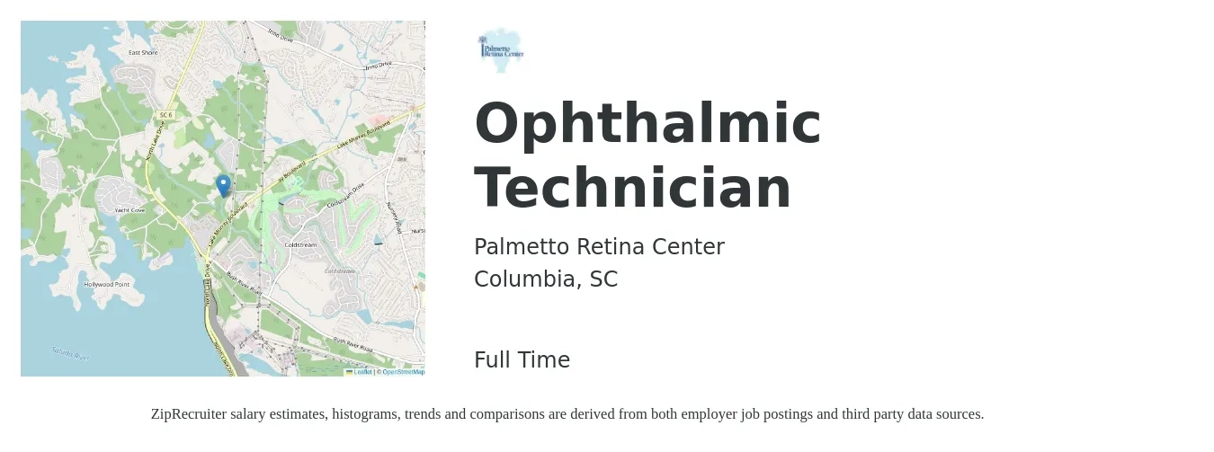 Palmetto Retina Center job posting for a Ophthalmic Technician in Columbia, SC with a salary of $17 to $23 Hourly with a map of Columbia location.