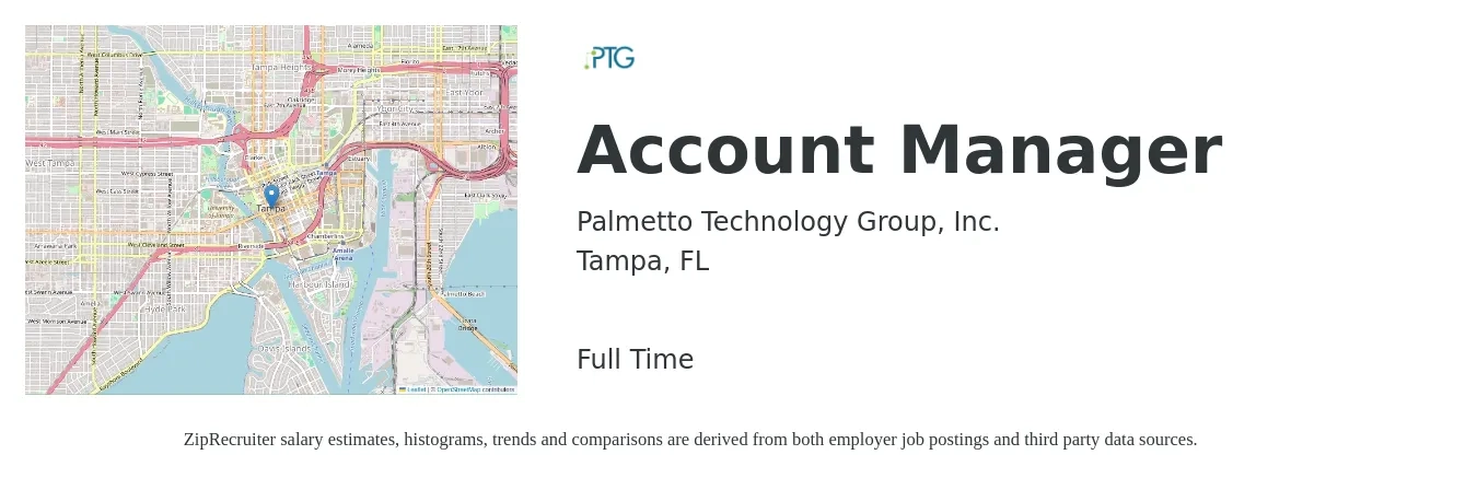 Palmetto Technology Group, Inc. job posting for a Account Manager in Tampa, FL with a salary of $45,400 to $74,200 Yearly with a map of Tampa location.