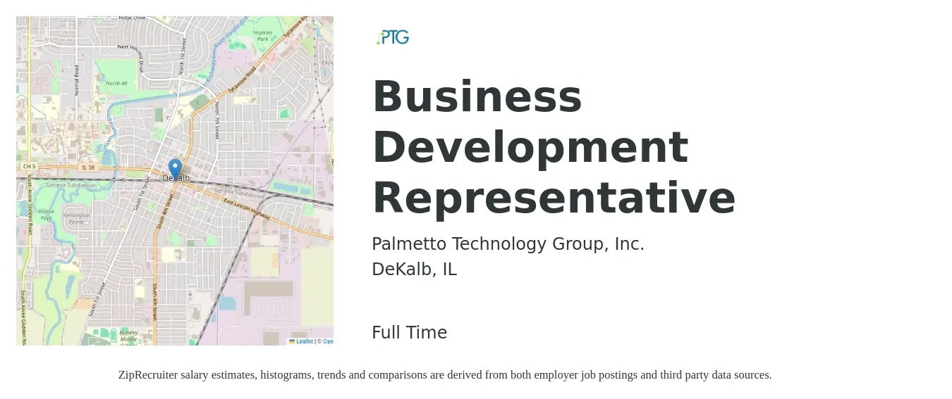 Palmetto Technology Group, Inc. job posting for a Business Development Representative in DeKalb, IL with a salary of $44,200 to $68,700 Yearly with a map of DeKalb location.