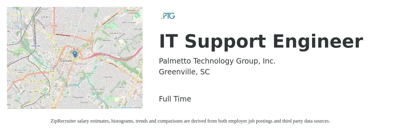 Palmetto Technology Group, Inc. job posting for a IT Support Engineer in Greenville, SC with a salary of $47,500 to $71,500 Yearly with a map of Greenville location.