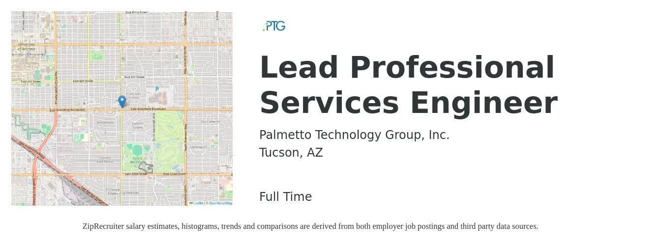 Palmetto Technology Group, Inc. job posting for a Lead Professional Services Engineer in Tucson, AZ with a salary of $96,900 to $127,600 Yearly with a map of Tucson location.