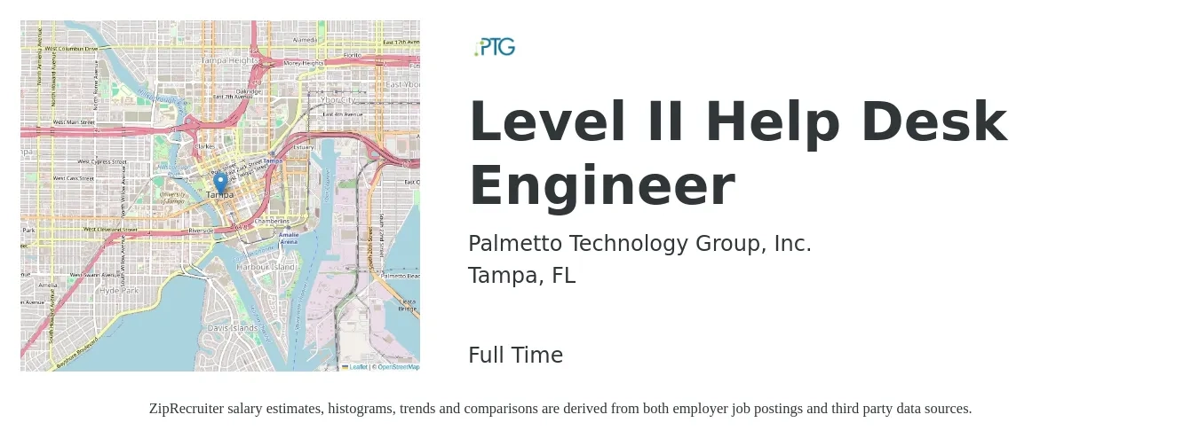 Palmetto Technology Group, Inc. job posting for a Level II Help Desk Engineer in Tampa, FL with a salary of $46,300 to $68,000 Yearly with a map of Tampa location.