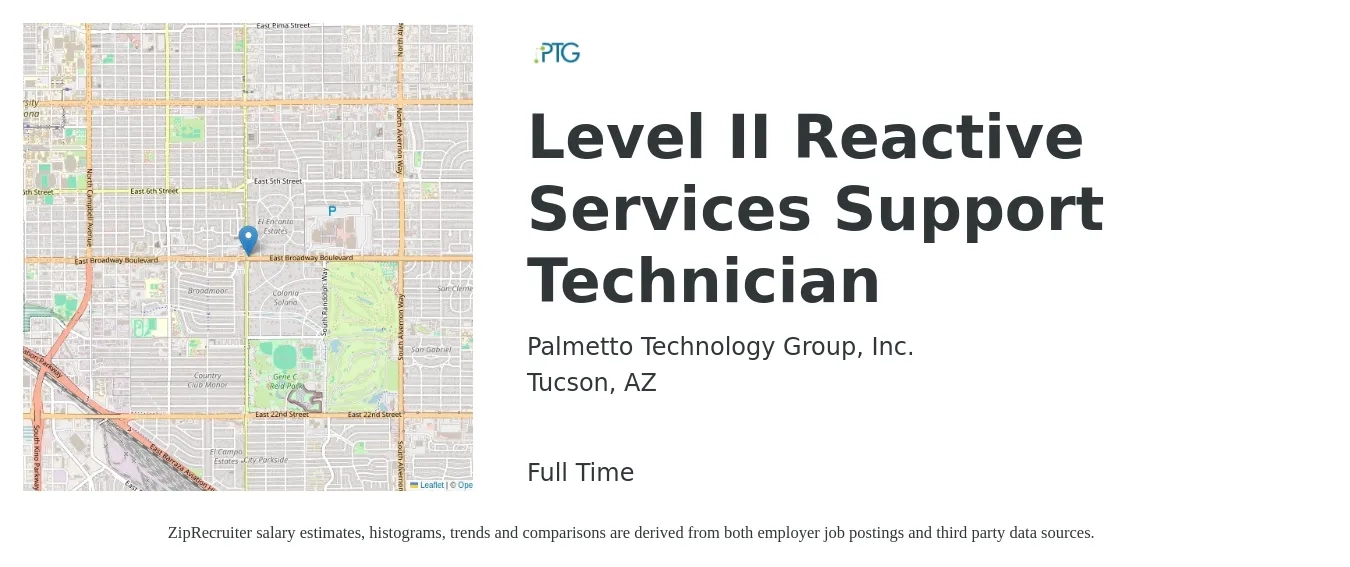 Palmetto Technology Group, Inc. job posting for a Level II Reactive Services Support Technician in Tucson, AZ with a salary of $18 to $26 Hourly with a map of Tucson location.